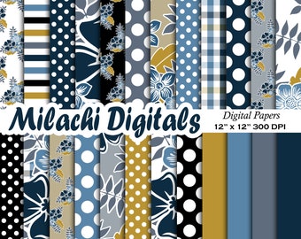 Floral Digital Paper, Floral Papers, Printable Scrapbook Paper, Flower Backgrounds, Flowers, Blue, Navy Blue, Stripes, Commercial Use M779