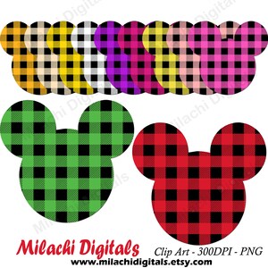 Könnte beinhalten: Satz von zehn digitalen Clipart-Bildern von Mickey-Maus-Ohren in verschiedenen Karomustern. Die Muster umfassen Rot und Schwarz, Grün und Schwarz, Gelb und Schwarz, Pink und Schwarz, Weiß und Schwarz sowie Lila und Schwarz. Die Bilder sind 300 DPI und im PNG-Format.