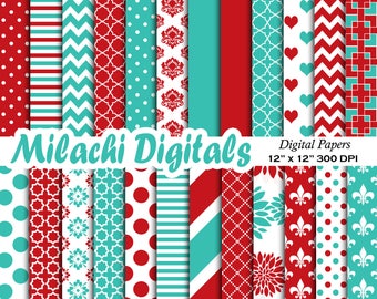 Teal and Red digital paper, scrapbook papers, background, wallpaper, stripes, polka dots, commercial use - M540