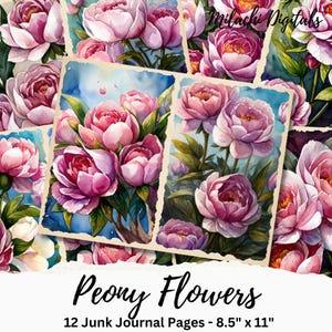 Peony Junk Journal Printable Pages, Floral Scrapbook Paper, Peony Flowers Junk Journal Digital Collage Sheet, Instant Download
