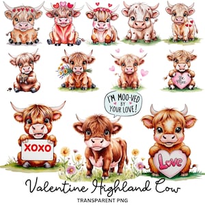 12 png Valentine Highland Cow Clipart, Be Mine, Xoxo, Love, romantische en grillige digitale kunst, ongewenste tijdschriften en creatieve projecten