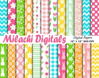 Easter Digital Paper, Easter Bunny Scrapbook Papers, Seamless Backgrounds, Chevron, Floral, Polka Dots, Eggs, Commercial use - M938