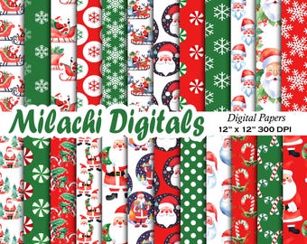 Christmas Digital Paper, Seamless Pattern, 12"x12" Scrapbook Paper, Santa Claus, Candy Cane, Snowflake Backgrounds, Commercial Use
