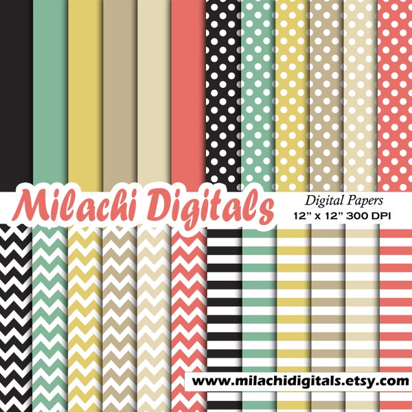 Retro digital paper, baby shower scrapbook papers, birthday wallpaper, polka dots, stripes, solid colors, chevron background - M915