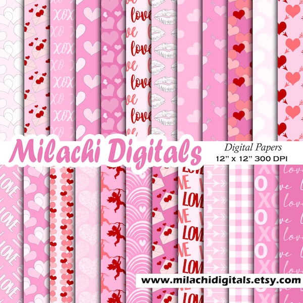 Valentine's day digital paper seamless patterns, valentine's day scrapbook papers, junk journal pages, hearts wallpaper - M1061