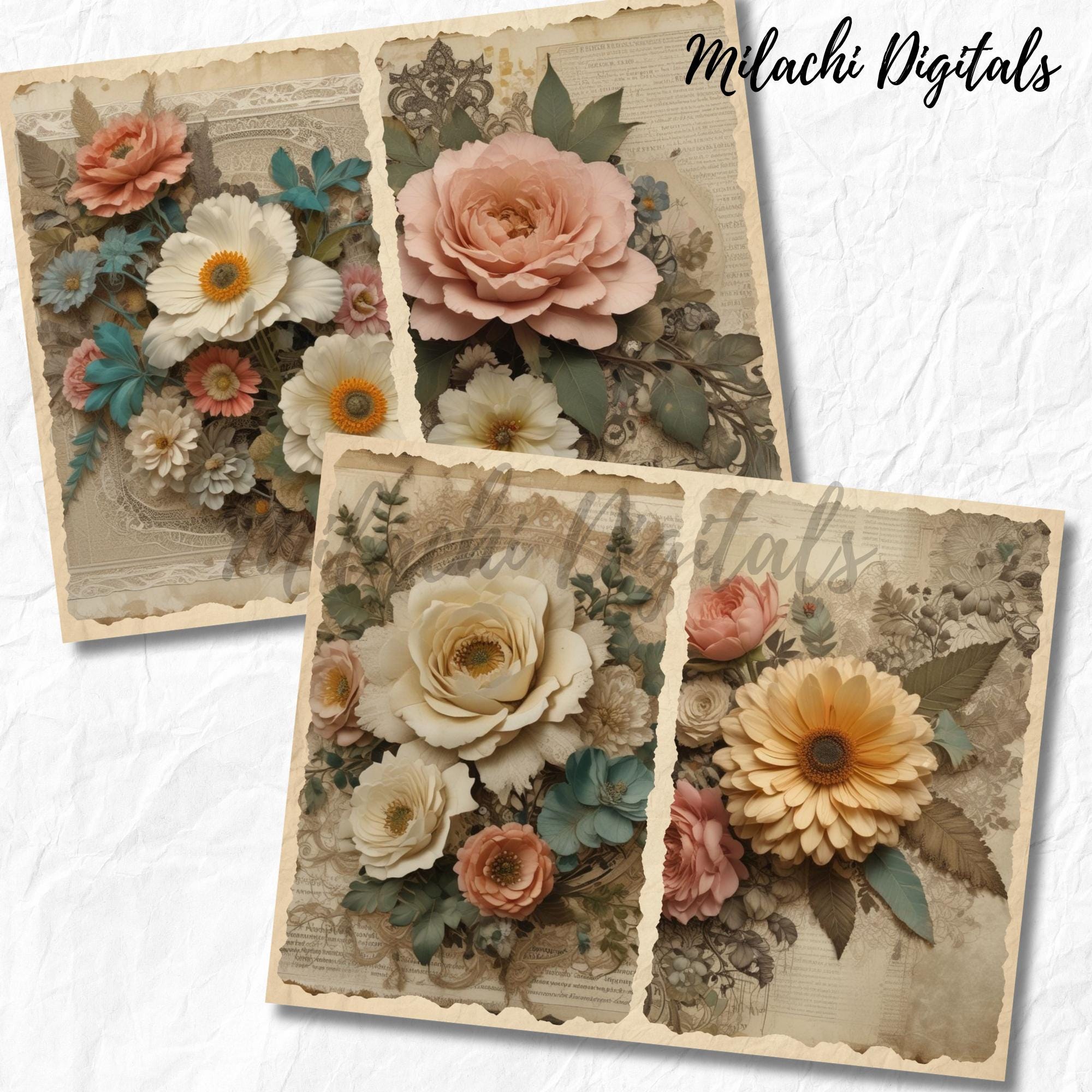 Shabby Chic Junk Journal Paper Printable, Shabby Floral Scrapbook Paper ...