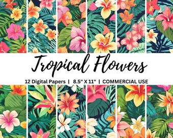 Tropical Flowers Digital Paper Pack 8.5"x11", Summer Junk Journal Printable Pages, Tropical Floral Backgrounds, Printable Scrapbook Paper