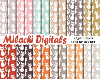 May include: A set of 12 digital papers featuring a repeating pattern of white cats with black eyes on various colored backgrounds. The papers are 12 inches by 12 inches and 300 DPI. The text "Milachi Digitals" and "www.milachidigitals.etsy.com" are also included in the image.