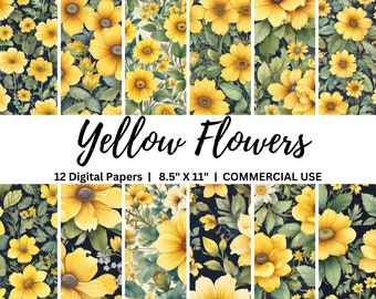 Yellow Flowers Digital Paper Pack 8.5"x11", Floral Junk Journal Printable Pages, Card Making, DIY Crafts, Printable Scrapbook Paper