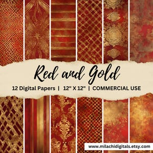 Puede incluir: Una colección de 12 papeles digitales en rojo y dorado, cada uno de 30,48 cm x 30,48 cm, con varios patrones como damasco, rayas y diseños geométricos. El texto "Red and Gold" se muestra, junto con una dirección web.