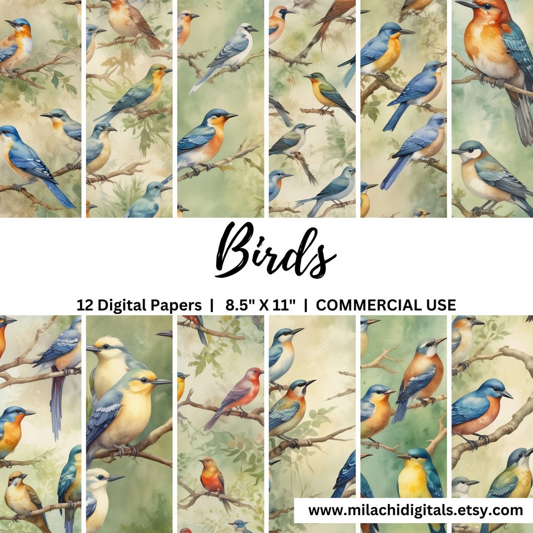 Birds Digital Paper Pack 8.5"x11", Birds Junk Journal Printable Pages ...