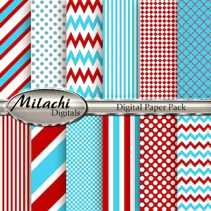 Blaue und rote digitales Papier, Streifen, Chevron, Polka Dots, kommerzielle Nutzung, Instant Download - M23