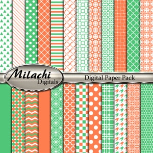 Puede incluir: Un paquete de papel digital con 20 patrones diferentes en tonos de verde y naranja. Los patrones incluyen lunares, rayas, formas geométricas y más.