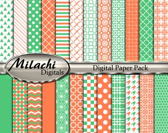 Coral and Green Digital Paper Pack, 12" x 12" Scrapbook Papers, Commercial Use - Instant Download - M253