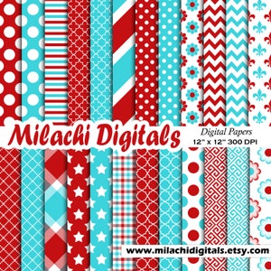 Turquoise and Red digital paper, scrapbook papers, floral wallpaper, background, polka dots, chevron, stripes - M647