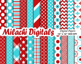 Turquoise and Red digital paper, scrapbook papers, floral wallpaper, background, polka dots, chevron, stripes - M647