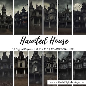Paquete de papel digital de casa encantada de 8,5 x 11 pulgadas, páginas imprimibles para diario basura de Halloween, fondos de casas espeluznantes, papel para álbum de recortes imprimible