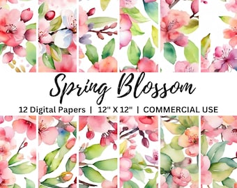 Frühlingsblüte, Digitales Papier, 12 "x 12" Scrapbook Papier, Junk Journal Seiten, Kartenherstellung, bedruckbar, Aquarell Blumen Hintergründe, Basteln