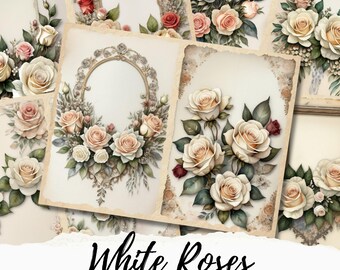 Papier de journal indésirable roses blanches imprimable, papier de scrapbooking shabby chic chic, feuilles de collage numérique de journal indésirable roses minable, usage commercial