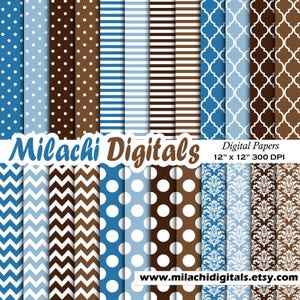 Bruin en blauw digitale papier, scrapbook papers, achtergrond, polka stippen, strepen, Marokkaanse patroon, chevron, damast - M518