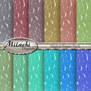 Puede incluir: Un paquete de papel digital con una variedad de colores, incluyendo gris, burdeos, dorado y verde. Cada papel tiene un diseño de gotas de agua. El texto "Milachi Digitals" y "Digital Paper Pack" son visibles.