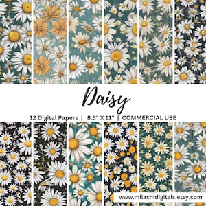 Paquete de papel digital Daisy de 8,5 x 11 pulgadas, páginas imprimibles para diario basura con motivos florales, fondos de margaritas, descarga instantánea, uso comercial