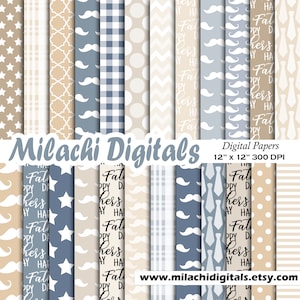 Pacote de papel digital para o Dia dos Pais, papéis para scrapbook, padrões sem costura, planos de fundo, padrão de tecido, capa de caderno, bigode - M994