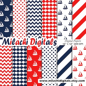 Nautische digitales Papier, Segelboot, Chevron, Streifen, tupfen, Fishscale, blau und rot, Segel Weg, Instant Download - M355