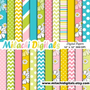 Gänseblümchen digitales Papier, Hintergrund, Scrapbook Papiere, Streifen, Chevron, Gänseblümchen, Tupfen - M330