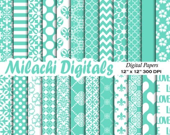 Aqua wedding digital paper damask pattern floral background polka dots wedding scrapbook paper invitation chevron commercial use M861