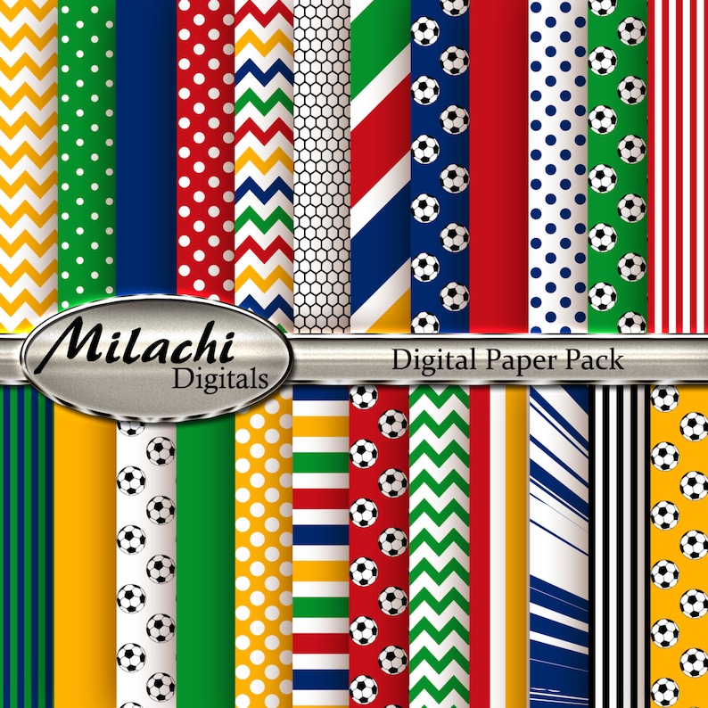 May include: Digital paper pack with 16 different patterns featuring soccer balls, stripes, polka dots, zigzags, and honeycomb designs in red, white, blue, green, and yellow.