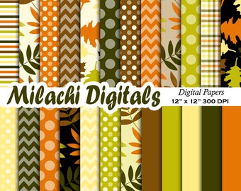 Fall Digital Paper, Thanksgiving Scrapbook Papers, Autumn Digital Paper, Leaves, Harvest, Polka Dots Backgrounds, Commercial Use M776
