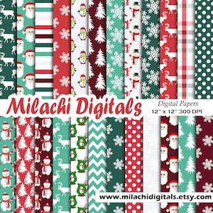 Christmas Digital Paper Pack, Holiday Scrapbook Papers, Seamless Backgrounds, Penguin, Santa Claus, Hot Cocoa, Snowman - M973