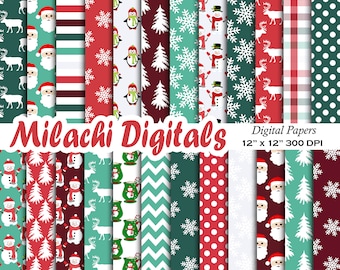 Christmas Digital Paper Pack, Holiday Scrapbook Papers, Seamless Backgrounds, Penguin, Santa Claus, Hot Cocoa, Snowman - M973