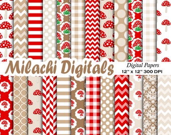 Mushroom Digital Paper, Seamless Backgrounds, Mushroom Scrapbook Papers, Stripes, Chevron, Polka Dots, Damask - M942