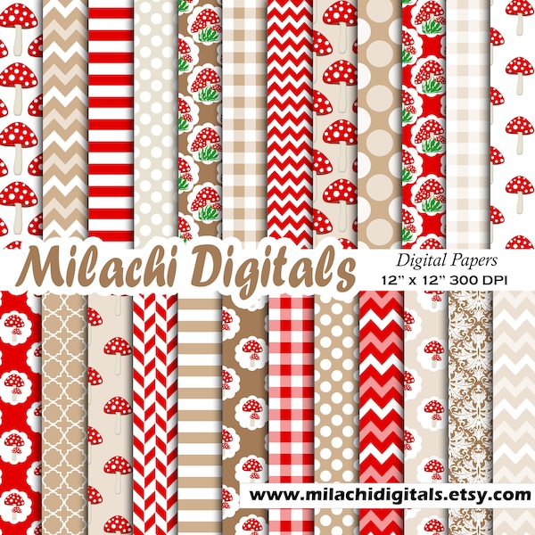 Mushroom Digital Paper, Seamless Backgrounds, Mushroom Scrapbook Papers, Stripes, Chevron, Polka Dots, Damask - M942