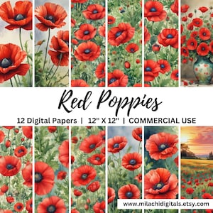 Paquet de papier numérique coquelicots rouges 12 x 12 po, aquarelle floral fond, travaux manuels, papier de scrapbooking floral imprimable, téléchargement immédiat