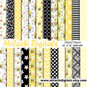 May include: A set of 12 digital papers featuring a yellow and black bee theme. The papers include various patterns such as polka dots, stripes, damask, and floral designs. The papers are 30.5 cm by 30.5 cm and 300 DPI.