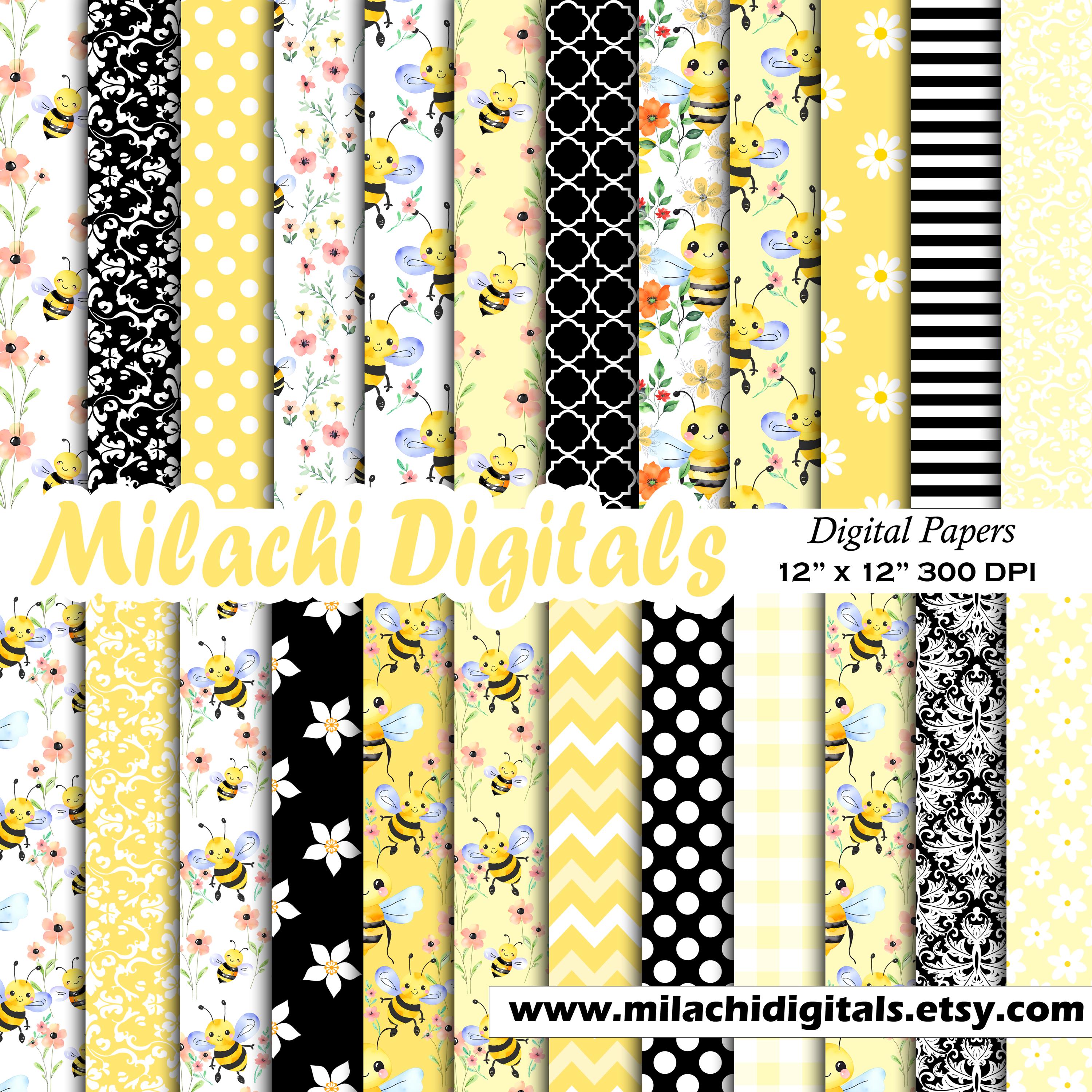 Cute Bee Digital Paper Seamless 12"x12" Scrapbook Paper, Junk Journal ...