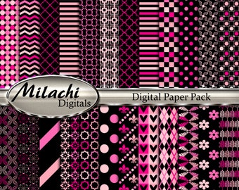Black and pink digital paper pack, scrapbook papers, backgrounds - Commercial Use - Instant Download - M251