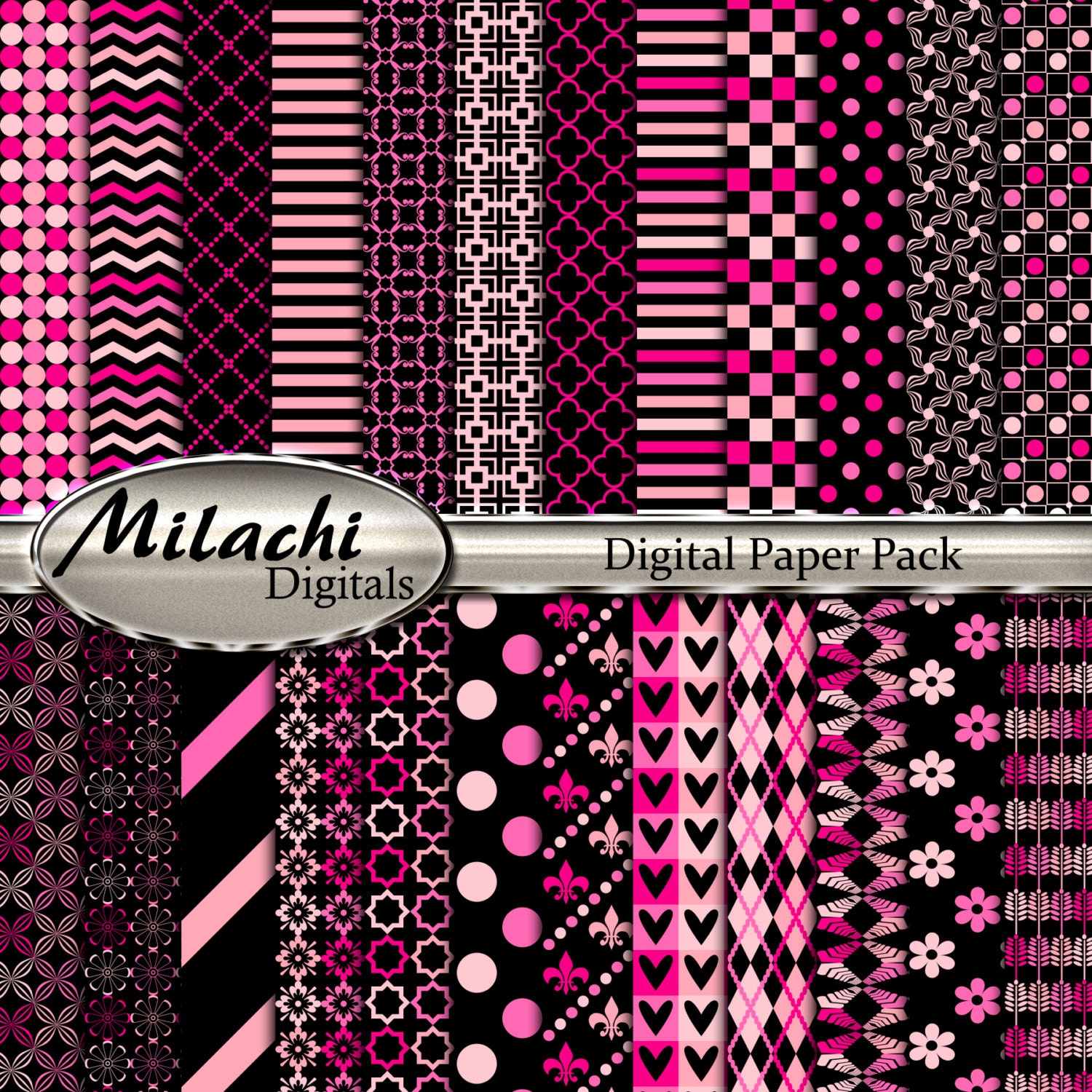 Black and pink digital paper pack, scrapbook papers, backgrounds - Commercial Use - Instant Download - M251