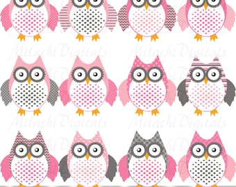 Pink and Gray Owl clipart, digital clip art, printable, commercial use - Instant Download - M263