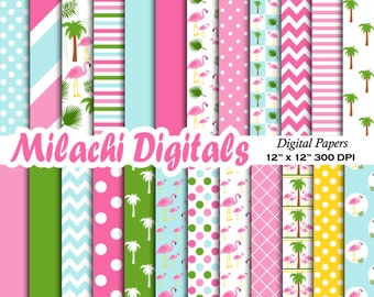 Pink Flamingo digital paper, tropical scrapbook papers, palm tree wallpaper, summer background - M382