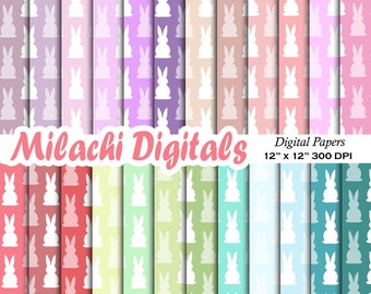 May include: A set of 12 digital papers featuring a repeating pattern of white bunny silhouettes on a variety of pastel backgrounds. The papers are 12 inches by 12 inches and 300 DPI.