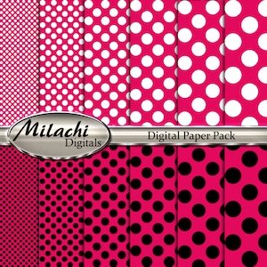 May include: A digital paper pack with 10 different polka dot patterns. The patterns are in pink and white, and pink and black. The patterns are seamless and can be used for scrapbooking, card making, and other crafts.