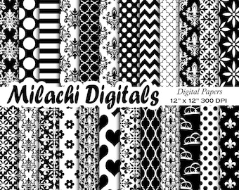 Black and white digital paper wedding patterns damask background floral invitation scrapbook paper commercial use M862