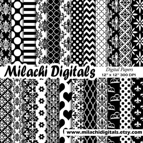 Black and white digital paper wedding patterns damask background floral invitation scrapbook paper commercial use M862