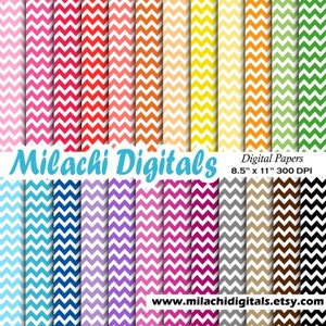 Puede incluir: Un conjunto de 24 papeles digitales con un patrón de chevron en varios colores, incluyendo rosa, rojo, naranja, amarillo, verde, azul, morado y gris. Los papeles son de 8,5 pulgadas por 11 pulgadas y 300 DPI.