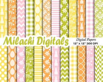 Easter Digital Paper, Easter Bunny Scrapbook Papers, Seamless Backgrounds, Gingham, Polka Dots, Eggs, Commercial use - M936
