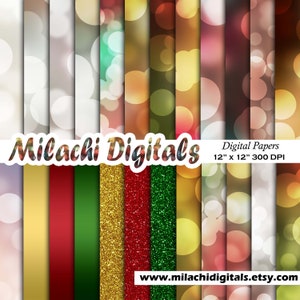 Christmas Bokeh Digital Paper Holiday Printable Scrapbook Paper Gold Metallic Glitter Green Red Gold Bokeh Background Commercial Use M785